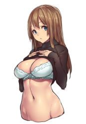 Rule 34 | 1girl, blue eyes, bra, breasts, brown hair, cleavage, clothes lift, hands on own chest, houtengeki, large breasts, long hair, looking at viewer, navel, original, shirt lift, simple background, sketch, sleeves past wrists, solo, underwear, white background, white bra