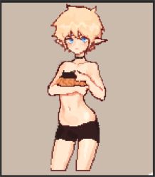 Rule 34 | adapted costume, artist request, bike shorts, black border, blonde hair, blue eyes, border, breast hold, breasts, choker, creator (dungeon and fighter), dungeon and fighter, unworn eyewear, glasses, navel, pixel art, pointy ears, short hair, simple background, small breasts, solo, strapless, tube top