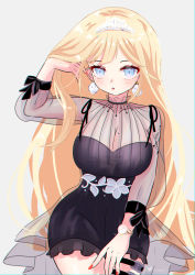 Rule 34 | :o, absurdres, black dress, blue eyes, blush, breasts, collarbone, dress, earrings, grey background, hand in own hair, highres, hololive, hololive english, jewelry, large breasts, long hair, looking at viewer, magui3, mole, mole on breast, nail polish, official alternate costume, open mouth, red nails, sitting, thigh strap, tiara, very long hair, virtual youtuber, watson amelia, watson amelia (party dress)