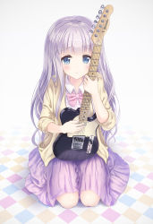 Rule 34 | 1girl, alc (ex2 lv), bad id, bad pixiv id, blue eyes, checkered floor, electric guitar, guitar, highres, holding, instrument, long hair, looking at viewer, original, purple hair, school uniform, seiza, sitting, solo