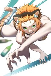 Rule 34 | 1girl, absurdres, aira kanae, angry, animal ears, animal print, bikini, boots, bottle, claws, collar, dynamic pose, green eyes, highres, juuni taisen, looking at viewer, messy hair, open mouth, orange hair, short hair, slit pupils, solo, swimsuit, teeth, thigh boots, thighhighs, tiger ears, tiger print, toned, usagits 00