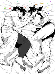 Rule 34 | 2boys, black eyes, black hair, blush, broly (dragon ball super), dragon ball, dragon ball super, dragon ball super broly, eye contact, greyscale, looking at another, lying, male focus, medium hair, monochrome, multiple boys, muscular, muscular male, on bed, on side, topless male, smile, son goku, spiked hair, tarutobi, yaoi