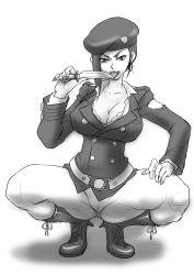 Rule 34 | 1girl, bad id, bad pixiv id, belt, beret, boots, breasts, cleavage, deadman wonderland, earrings, fingernails, greyscale, hat, high heels, hoop earrings, jewelry, knife, large breasts, licking, licking blade, long fingernails, makina (deadman wonderland), miyayoshi (bricola), monochrome, necktie, police, police uniform, policewoman, shoes, solo, squatting, tongue, uniform