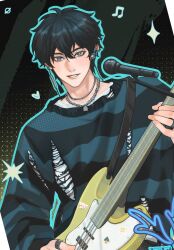 Rule 34 | 1boy, black background, black hair, blue eyes, blue sweater, dan heng (honkai: star rail), earrings, electric guitar, gankedbyshipdom, grin, guitar, hand up, hashtag-only commentary, highres, honkai: star rail, honkai (series), instrument, jewelry, long sleeves, looking at viewer, male focus, microphone, multiple rings, ring, short hair, smile, solo, striped clothes, striped sweater, sweater, torn clothes, torn sweater, upper body