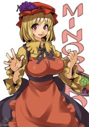 Rule 34 | 1girl, :d, aki minoriko, apron, artist name, basket, blonde hair, breasts, character name, food, fruit, grapes, hat, large breasts, long sleeves, looking at viewer, mob cap, one-hour drawing challenge, open mouth, red eyes, shirt, skirt, smile, solo, touhou, umigarasu (kitsune1963), white background, wide sleeves