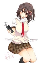 Rule 34 | 10s, 1girl, alternate costume, bad id, bad twitter id, blush, brown eyes, brown hair, cardigan vest, cellphone, commentary, hair ornament, head tilt, highres, izumo ayuka, kantai collection, kneehighs, musical note, necktie, phone, plaid, plaid skirt, scarf, sendai (kancolle), signature, simple background, skirt, smartphone, smile, socks, solo, spoken musical note, white background