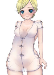 Rule 34 | 1girl, blonde hair, blue eyes, blush, breasts, cleavage, highres, resident evil, resident evil 2, resident evil 6, sherry birkin, shiroino, short hair, small breasts, smile, solo, white background