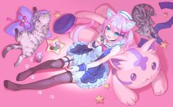 Rule 34 | absurdres, ahoge, animal ears, blue eyes, cat, cat ears, cat tail, cuffs, cushion, doll, fang, food, garter straps, hair ornament, hat, highres, indie virtual youtuber, macaron, mawata spica, open mouth, paw print, pink hair, plate, ribbon, school uniform, serafuku, skirt, tail, thighhighs, tunapon01, twintails, virtual youtuber