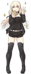 Rule 34 | 1girl, artoria pendragon (all), artoria pendragon (fate), black footwear, black jacket, black shirt, black shorts, black thighhighs, blonde hair, boots, breasts, burger, eating, fate/grand order, fate (series), food, full body, jacket, long hair, looking at viewer, official alternate costume, saber alter, saber alter (ver. shinjuku 1999) (fate), shirt, shiseki hirame, shorts, simple background, solo, thigh boots, thighhighs, v, white background, yellow eyes