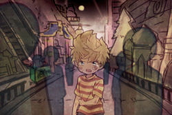 Rule 34 | 1boy, bandaid, bandaid on face, blonde hair, blue eyes, blush, building, bukiko, crowd, crying, fir tree, house, lucas (mother 3), male focus, market, mother (game), mother 3, nintendo, outdoors, plant, quiff, railing, road, shirt, short sleeves, silhouette, solo, spiked hair, street, striped clothes, striped shirt, t-shirt, tree, upper body