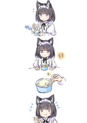 Rule 34 | &gt; &lt;, 1girl, :t, animal ear fluff, animal ears, black hair, blush, cat ears, closed eyes, closed mouth, collared shirt, commentary request, dress shirt, eating, flying sweatdrops, food, holding, holding spoon, ice cream, juliet sleeves, komugi (wataame27), long sleeves, notice lines, original, puffy sleeves, purple eyes, shirt, simple background, spoon, sweat, translation request, upper body, v-shaped eyebrows, wataame27, wavy mouth, white background, white shirt