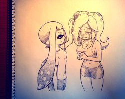 Rule 34 | 2girls, bad id, bad pixiv id, bike shorts, breasts, comforting, crying, crying with eyes open, female focus, gradient background, inkling, inkling girl, inkling player character, large breasts, monochrome, mucus, multiple girls, nintendo, octoling, runny nose, shirt, shorts, snot, splatoon (series), splatoon 1, takozonesu, tank top, tears, tentacle hair, yuta agc