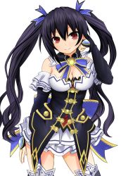 Rule 34 | 10s, 1girl, bare shoulders, black hair, blush, breasts, ex idol, hair ornament, long hair, looking at viewer, neptune (series), noire (neptunia), red eyes, ribbon, smile, solo, twintails, very long hair