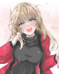 Rule 34 | 1girl, black sweater, blonde hair, blue eyes, breasts, double bun, fang, gakky, hair bun, highres, kantai collection, long hair, medium breasts, one-hour drawing challenge, open clothes, ranger (kancolle), red happi, skin fang, solo, sweater, upper body