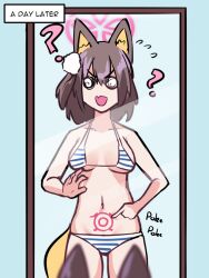 Rule 34 | 1girl, ?, animal ears, bare arms, bikini, blue archive, breasts, brown hair, english text, flying sweatdrops, fox ears, fox girl, fox tail, halo, izuna (blue archive), medium breasts, mirror, navel, open mouth, poking, poking belly, reflection, short hair, sirachi, solo, stomach tattoo, striped bikini, striped clothes, swimsuit, tail, tattoo