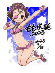 Rule 34 | 1girl, arm up, armpits, bikini, bikini skirt, birthday, blue sky, bow, bow bikini, breasts, brown eyes, brown hair, character name, clenched hands, closed mouth, cloud, cloudy sky, commentary, dated, detached collar, eyepatch, floating, food, frilled bikini, frills, fruit, girls und panzer, hair pulled back, hairband, legs up, momogaa (girls und panzer), navel, outline, peach, pink hairband, pink scrunchie, polka dot, polka dot bikini, raised fist, sandals, scrunchie, short hair, sky, small breasts, smile, solo, sparkle, swimsuit, takahashi kurage, translated, white footwear, white outline, wrist scrunchie
