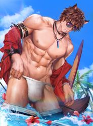 Rule 34 | 1boy, abs, absurdres, animal ears, anjingkuxiao, bara, bare pectorals, black male swimwear, black swim trunks, briefs, brown hair, bulge, closed mouth, cloud, day, dog boy, dog ears, dog tail, facial hair, flower, gluteal fold, highres, jewelry, jockstrap, large pectorals, male focus, male swimwear, male swimwear pull, male underwear, muscular, muscular male, navel, necklace, nipples, off shoulder, open clothes, open shirt, original, outdoors, partially submerged, pectorals, pink flower, red shirt, shirt, short hair, sky, solo, sunglasses, swim trunks, swim trunks pull, swimsuit, tail, underwear, water, white male underwear
