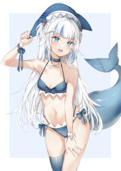 Rule 34 | 1girl, absurdres, adapted costume, arm up, bare arms, bare shoulders, bikini, blue background, blue bikini, blue eyes, blue ribbon, blue thighhighs, breasts, choker, commentary, cowboy shot, gawr gura, highres, hololive, hololive english, long hair, looking at viewer, multicolored hair, navel, open mouth, ribbon, sharp teeth, single thighhigh, small breasts, solo, standing, swimsuit, teeth, thighhighs, virtual youtuber, yukineko1018
