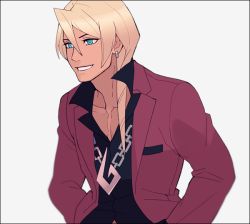Rule 34 | 1boy, ace attorney, apollo justice: ace attorney, aqua eyes, bad id, bad pixiv id, bishounen, blonde hair, border, earrings, gojya, grin, hands in pockets, jacket, jewelry, klavier gavin, male focus, necklace, simple background, smile, solo, upper body, white background