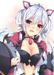 Rule 34 | 1girl, :d, ahoge, black bra, blush, bra, breasts, cleavage, collarbone, floating hair, gloves, grey gloves, hair between eyes, hairband, highres, holding hands, jewelry, long hair, looking at viewer, matoi (pso2), medium breasts, milkpanda, necklace, open mouth, phantasy star, phantasy star online 2, red eyes, red hairband, shiny skin, silver hair, smile, underwear