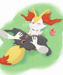 Rule 34 | 1boy, 1girl, animal ear fluff, animal ears, animal hands, anus, ass juice, blush, braixen, cherry, cleft of venus, clitoris, closed eyes, closed mouth, creatures (company), cupcake, disembodied limb, fang, food, fox ears, fox tail, fruit, full body, furry, game freak, gen 6 pokemon, grass, green background, hand on own face, hands up, hetero, highres, interspecies, lying, nintendo, on back, orange (fruit), orange slice, outdoors, pawpads, pokemon, pokemon (creature), pokephilia, pussy, pussy juice, sake kemosalmon, shiny skin, spread legs, tail, uncensored