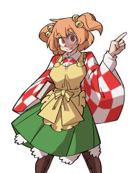 Rule 34 | 1girl, absurdres, apron, bell, book, checkered clothes, closed mouth, eddybird55555, green skirt, hair bell, hair ornament, highres, index finger raised, long sleeves, looking at viewer, motoori kosuzu, orange hair, red eyes, short hair, simple background, skirt, smile, solo, touhou, two side up, white background, wide sleeves, yellow apron