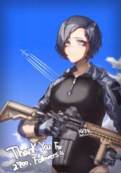 Rule 34 | 1girl, aircraft, airplane, black hair, black jacket, blue eyes, blue gloves, blue sky, breasts, closed mouth, cloud, commentary, contrail, dated, day, english commentary, forehead, gloves, gun, highres, holding, holding gun, holding weapon, jacket, long sleeves, medium breasts, milestone celebration, original, outdoors, parted bangs, puffy long sleeves, puffy sleeves, short hair, sky, smile, solo, thank you, weapon, weapon request, xrnl2018