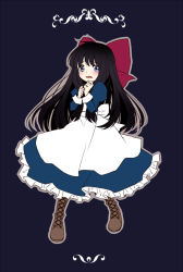 Rule 34 | 1girl, ahegao, ahoge, apron, aya drevis, black hair, blue background, blue eyes, blunt bangs, blush, boots, bow, dress, hair bow, huge bow, jewelry, long hair, mad father, necklace, own hands together, puffy sleeves, scared, seeen, simple background, solo, tears