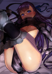 Rule 34 | 10s, 1girl, absurdres, akechi shizuku, armor, armored boots, ass, bed sheet, between legs, blue eyes, blue ribbon, blush, boots, bottomless, breasts, closed mouth, covering privates, covering crotch, crotch plate, fate/extra, fate/extra ccc, fate (series), frown, hair ribbon, hand between legs, highres, legs up, long hair, long sleeves, looking at viewer, lying, meltryllis (fate), nipple slip, nipples, nose blush, on back, pink hair, ribbon, sleeves past wrists, small breasts, solo, sweat, tareme, thigh boots, thighhighs, thighs, very long hair