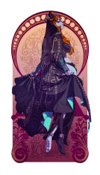 Rule 34 | 1girl, anklet, art nouveau, barefoot, black skin, blue skin, cape, colored skin, commentary, english commentary, from behind, full body, highres, holding, holding cape, holding clothes, jewelry, long hair, looking at viewer, melissa somerville, midna, midna (true), multicolored skin, nintendo, red hair, solo, the legend of zelda, the legend of zelda: twilight princess, two-tone skin