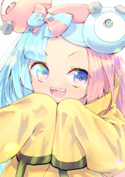 Rule 34 | 1girl, bow-shaped hair, character hair ornament, creatures (company), game freak, hair ornament, highres, iono (pokemon), jacket, long hair, low-tied long hair, multicolored hair, nintendo, oversized clothes, pokemon, pokemon sv, sharp teeth, sleeves past wrists, solo, split-color hair, teeth, usapenpen2019, very long sleeves, yellow jacket