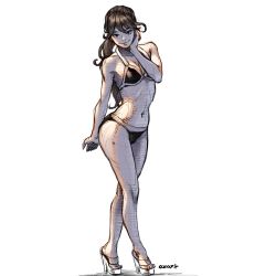Rule 34 | 1girl, arm at side, artist name, bara (totocos), bare arms, bare shoulders, bikini, black bikini, black eyes, breasts, brown hair, closed mouth, collarbone, crossed legs, full body, hand on own cheek, hand on own face, hand up, high heels, highres, legs, long hair, looking at viewer, medium breasts, navel, original, ponytail, shoes, simple background, sketch, smile, solo, standing, swimsuit, watson cross, white background, white footwear