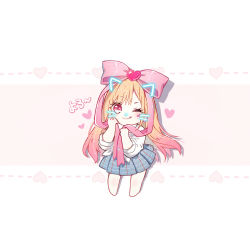 Rule 34 | 1girl, ;q, animal ears, blonde hair, blue skirt, bow, chibi, closed mouth, danby merong, face filter, fake animal ears, fake whiskers, front-tie top, gradient hair, hair bow, hair ornament, hands up, heart, heart hair ornament, kitagawa marin, long hair, long sleeves, multicolored hair, one eye closed, pink background, pink bow, pink hair, pleated skirt, red eyes, school uniform, shirt, skirt, smile, solo, sono bisque doll wa koi wo suru, standing, tongue, tongue out, two-tone background, very long hair, white background, white shirt