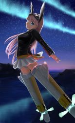 Rule 34 | 1girl, aurora, blue eyes, dark, flying, goggles, goggles on head, hanna-justina marseille, head wings, jacket, leather, leather jacket, long hair, mountain, night, night sky, pink hair, rasielcochma, sky, solo, star (sky), starry sky, strike witches, striker unit, tail, twilight, water, wings, world witches series