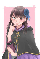 Rule 34 | 1girl, absurdres, aida rikako, black cloak, black eyes, blue flower, border, brown hair, cloak, closed mouth, commentary request, cowboy shot, flower, hair flower, hair ornament, highres, kashikaze, looking at viewer, medium hair, outside border, real life, smile, solo, v over mouth, voice actor, white border