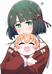 Rule 34 | +++, 2girls, ^ ^, blunt bangs, blunt ends, blush, blush stickers, closed eyes, closed mouth, crossed bangs, flower, flying sweatdrops, green eyes, green hair, hair flower, hair ornament, hasu no sora school uniform, hinoshita kaho, holding chibi, hug, link! like! love live!, long sleeves, looking at viewer, love live!, momose ginko, multiple girls, open mouth, orange hair, outstretched arms, rabbit hair ornament, repunit, sailor collar, school uniform, short hair, simple background, smile, spread arms, squiggle, upper body, virtual youtuber, white background, white sailor collar, winter uniform