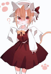 Rule 34 | 1girl, ?, ascot, blonde hair, cat girl, cat tail, cowboy shot, crystal, dress, facial mark, flandre scarlet, hat, highres, medium hair, mob cap, nacht musik, open mouth, pointy ears, red dress, red eyes, red ribbon, ribbon, simple background, solo, tail, touhou, whisker markings, wings, yellow ascot
