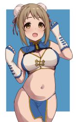 Rule 34 | arms up, belly, blush, breasts, brown eyes, brown hair, bun cover, chelle ingham, chinese clothes, cleavage cutout, clenched hands, clothing cutout, commentary request, crop top, double bun, elbow gloves, fingerless gloves, gloves, groin, hair bun, highres, idolmaster, idolmaster cinderella girls, large breasts, looking at viewer, mimura kanako, navel, open mouth, plump, sidelocks, simple background, solo, thighs, white gloves