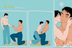 Rule 34 | 2boys, abs, aqua pants, bara, blue pants, blush, closed eyes, closed mouth, couple, english text, holding hands, kashikahaya, kiss, kissing cheek, kneeling, large pectorals, looking at another, male focus, multiple boys, muscular, muscular male, navel, nipples, original, pants, pectorals, smile, topless male, twitter username, yaoi
