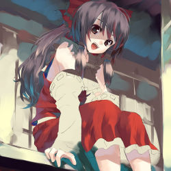 Rule 34 | 1girl, :d, bow, brown eyes, brown hair, detached sleeves, female focus, frilled bow, frills, hair bow, hakurei reimu, japanese clothes, long hair, miko, open mouth, red bow, red skirt, ribbon-trimmed sleeves, ribbon trim, silver hair, skirt, smile, solo, teeth, touhou