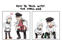 Rule 34 | 10s, 2girls, blue eyes, blue hair, bottle, comic, commentary request, elbows on knees, english text, facial scar, flat cap, gangut (kancolle), gopnik, grey hair, hammer and sickle, hand on own hip, hat, hibiki (kancolle), highres, jacket, jacket on shoulders, kantai collection, long hair, long sleeves, meme, miniskirt, multiple girls, open mouth, pantyhose, peaked cap, pleated skirt, red eyes, remodel (kantai collection), rukialice, scar, scar on cheek, scar on face, shadow, skirt, slav squatting, smile, squatting, thighhighs, verniy (kancolle), white background