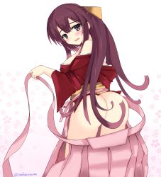Rule 34 | 10s, 1girl, ass, breasts, commentary request, from behind, hakama, hakama skirt, japanese clothes, kamikaze (kancolle), kanitama, kantai collection, large breasts, long hair, open mouth, pink hakama, purple eyes, purple hair, skirt, solo, undressing, very long hair, wavy mouth