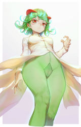 Rule 34 | 1girl, bad id, bad pixiv id, blush, breasts, breasts apart, cameltoe, commentary request, creatures (company), curly hair, dress, from below, game freak, gen 3 pokemon, gradient background, green eyes, green hair, green pantyhose, heiyz, highres, kirlia, long sleeves, looking at viewer, medium breasts, nintendo, no panties, one-punch man, pantyhose, pink background, pokemon, pokemon (creature), see-through, short hair, simple background, solo, tatsumaki, white dress