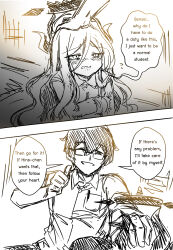Rule 34 | 1boy, 1girl, ;d, absurdres, ahoge, blue archive, cardigan, cardigan on shoulders, commentary, crying, demon girl, demon horns, demon wings, english commentary, english text, engrish text, glasses, greyscale, halo, highres, hina (blue archive), horns, long hair, long sleeves, looking at another, looking at viewer, monochrome, official alternate costume, one eye closed, open cardigan, open clothes, open mouth, pajamas, parted bangs, pointing, pointing at self, ranguage, sensei (blue archive), sesield, sidelocks, sketch, smile, thumbs up, wavy hair, wings