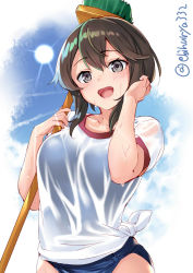 Rule 34 | 1girl, artist name, blue one-piece swimsuit, blush, breasts, brown eyes, brown hair, cleaning, cleaning brush, ebifurya, gym shirt, gym uniform, hayasui (kancolle), highres, kantai collection, large breasts, medium hair, mop, one-piece swimsuit, open mouth, school swimsuit, shirt, sky, smile, solo, sun, sweat, swimsuit, swimsuit under clothes, tied shirt