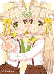Rule 34 | 2girls, absurdres, ahoge, animal ear fluff, animal ears, arm up, blonde hair, blush, border, bow, brown skirt, cat ears, cat girl, cheek-to-cheek, closed mouth, collared shirt, fang, female focus, fish hair ornament, flat chest, from side, green eyes, green necktie, hair bow, hair ornament, hairclip, happy, hazakura hinata, heads together, heterochromia, highres, hug, long hair, long sleeves, looking at viewer, multiple girls, necktie, open mouth, original, outline, outside border, outstretched arm, plaid, plaid skirt, pleated skirt, school uniform, shirt, shirt tucked in, short hair, siblings, sidelocks, simple background, sisters, skin fang, skirt, smile, split mouth, standing, suspender skirt, suspenders, twins, upper body, v, white border, white outline, white shirt, yellow background, yellow bow, yellow eyes