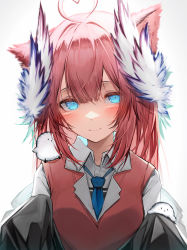 Rule 34 | 1girl, absurdres, ahoge, animal, animal ears, blouse, blue eyes, blue necktie, blush, closed mouth, commentary request, commission, copyright request, gradient background, grey background, heart, heart ahoge, highres, long hair, looking at viewer, necktie, red hair, shirt, skeb commission, smile, solo, tab head, upper body, virtual youtuber, white shirt