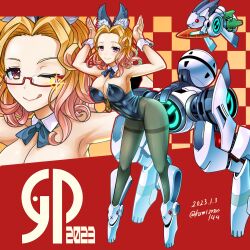 Rule 34 | 1girl, 2023, :q, animal ears, black leotard, black ribbon, blonde hair, breasts, carrot, chinese zodiac, cleavage, closed mouth, collar, commentary, curly hair, dated, detached collar, glasses, grey pantyhose, highres, kamizono (spookyhouse), large breasts, leaning forward, leotard, looking at viewer, medium hair, neck ribbon, one eye closed, original, pantyhose, playboy bunny, rabbit, rabbit pose, red-framed eyewear, red eyes, ribbon, rigging, robot, semi-rimless eyewear, smile, solo, standing, strapless, strapless leotard, thighband pantyhose, tongue, tongue out, translated, twitter username, under-rim eyewear, white collar, wing collar, wrist cuffs, year of the rabbit, zoom layer