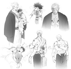 Rule 34 | 2boys, absurdres, aged down, arm tattoo, blush, carrying, chest tattoo, closed eyes, closed mouth, extra arms, extra eyes, extra mouth, fushiguro megumi, height difference, highres, hug, hug from behind, japanese clothes, jujutsu kaisen, kimono, long sleeves, lying, male focus, monochrome, multiple boys, muscular, muscular male, nail polish, pectorals, pillow, ryoumen sukuna (jujutsu kaisen), short hair, shoulder tattoo, size difference, tattoo, wide sleeves, woshihedawei, yaoi, zzz
