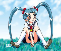Rule 34 | 1girl, arms between legs, artist name, artist request, blue hair, child, cloud, cloud background, grass, hair ornament, long hair, looking to the side, masaki sasami jurai, panties, pretty sammy, pretty sammy (character), red eyes, school uniform, sitting, smile, source request, spread legs, tenchi muyou!, thighhighs, underwear